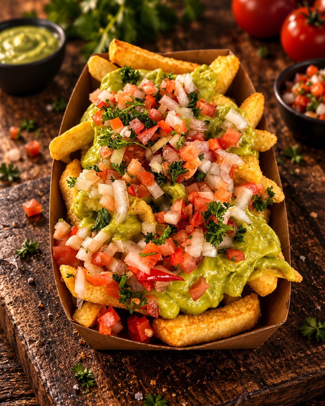 Loaded Fries mit cremiger Guacamole und frischer Pico de Gallo